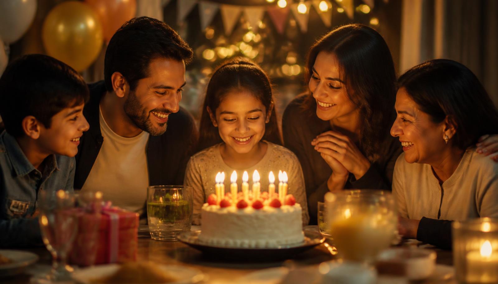 Family gathered around a birthday cake with lit candles