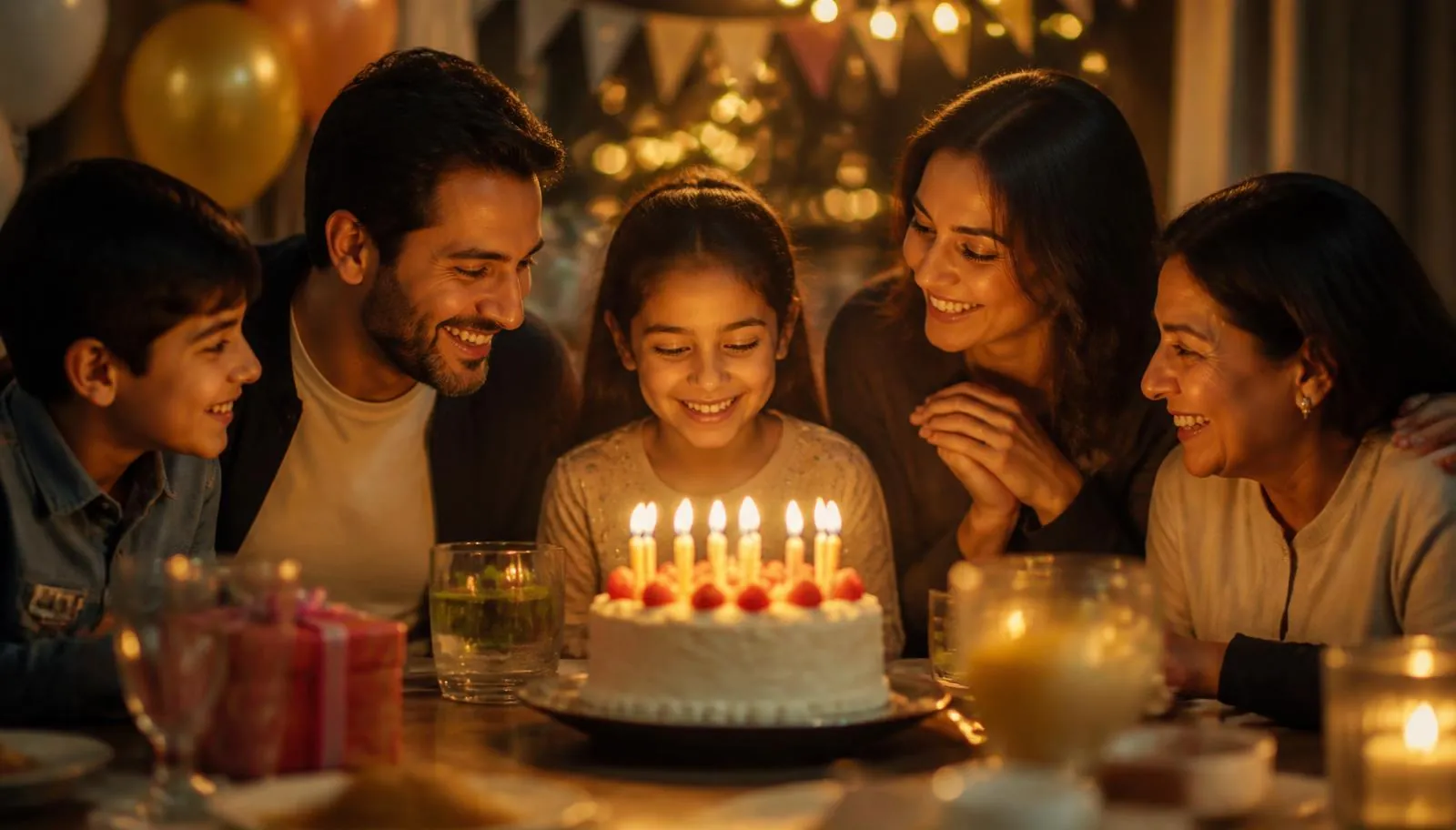 Family gathered around a birthday cake with lit candles
