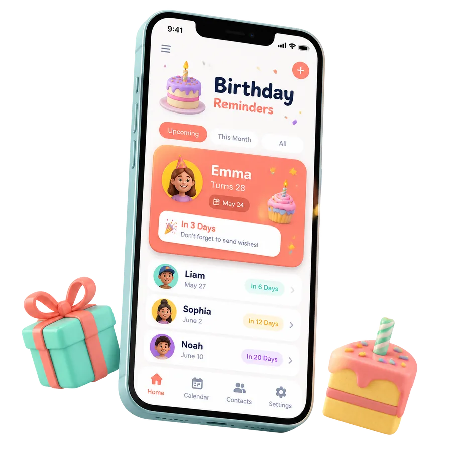 Jubiday app showing upcoming birthday reminders with countdowns