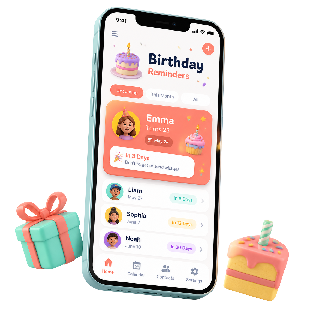 Jubiday app showing upcoming birthday reminders with countdowns